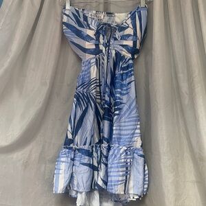 Blue Palm-Print Mini Cutout Dress
